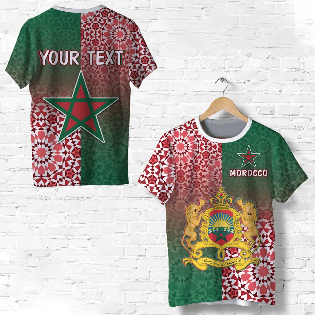Custom Morocco pattern T-shirt with red-green geometric halves and green Moroccan star
