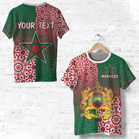 Custom Morocco pattern T-shirt with red-green geometric halves and green Moroccan star