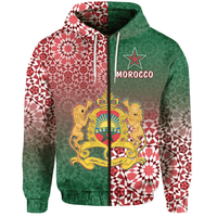 Morocco zip hoodie with front coat-of-arms print, red and green geometric pattern