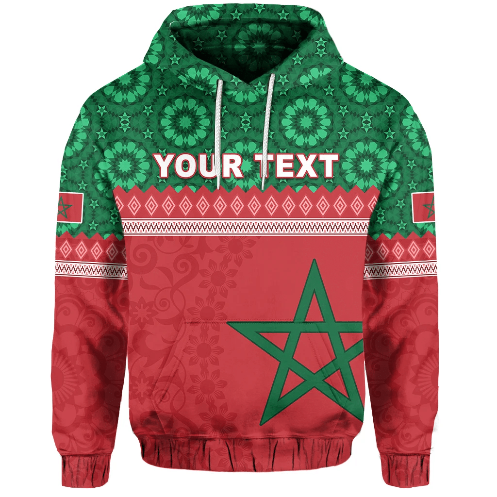 Green-red hoodie with Moroccan star graphic and custom text across chest, drawstring hood