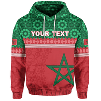 Green-red hoodie with Moroccan star graphic and custom text across chest, drawstring hood