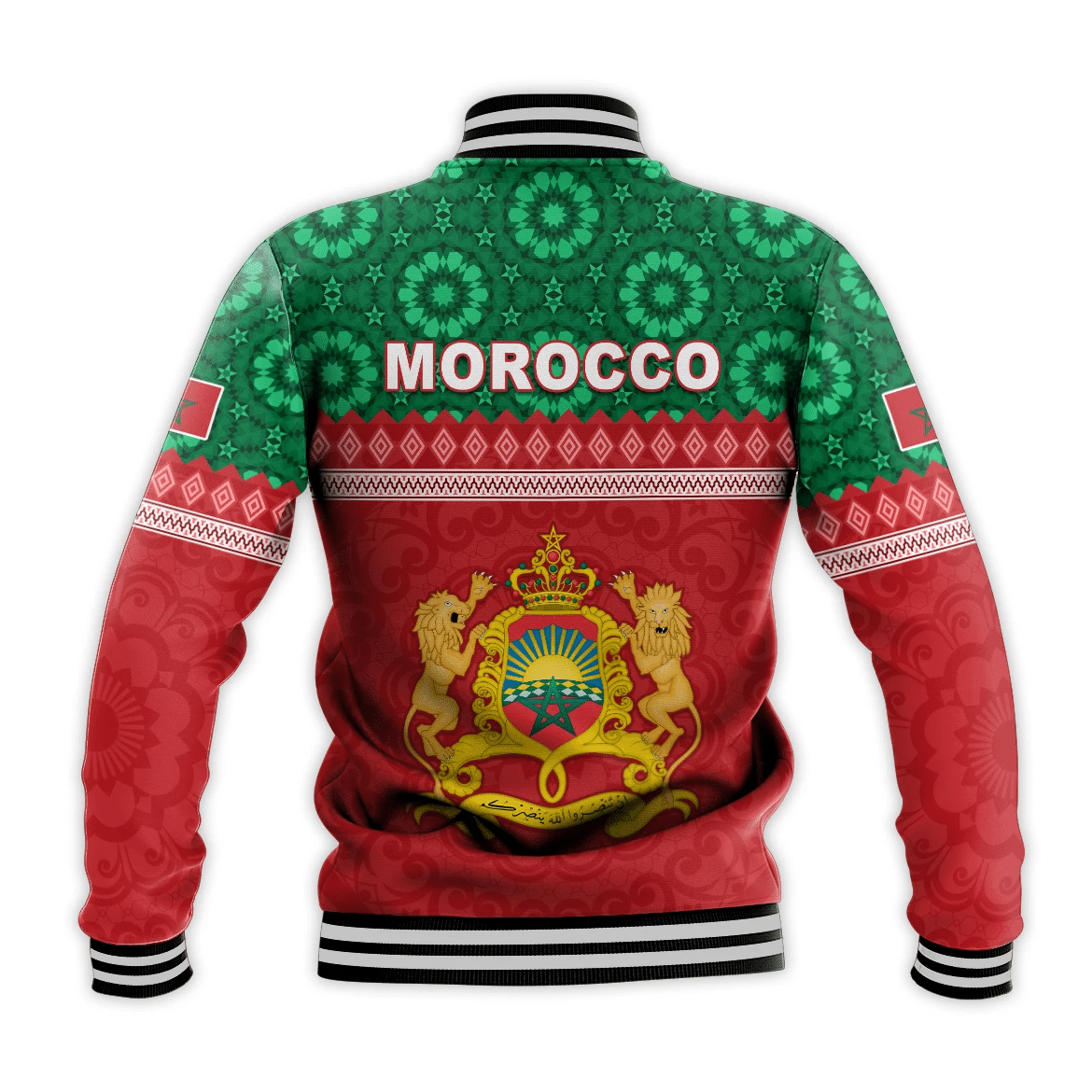 Back view unisex baseball jacket with Morocco crest graphic, green top and red lower