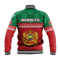 Back view unisex baseball jacket with Morocco crest graphic, green top and red lower