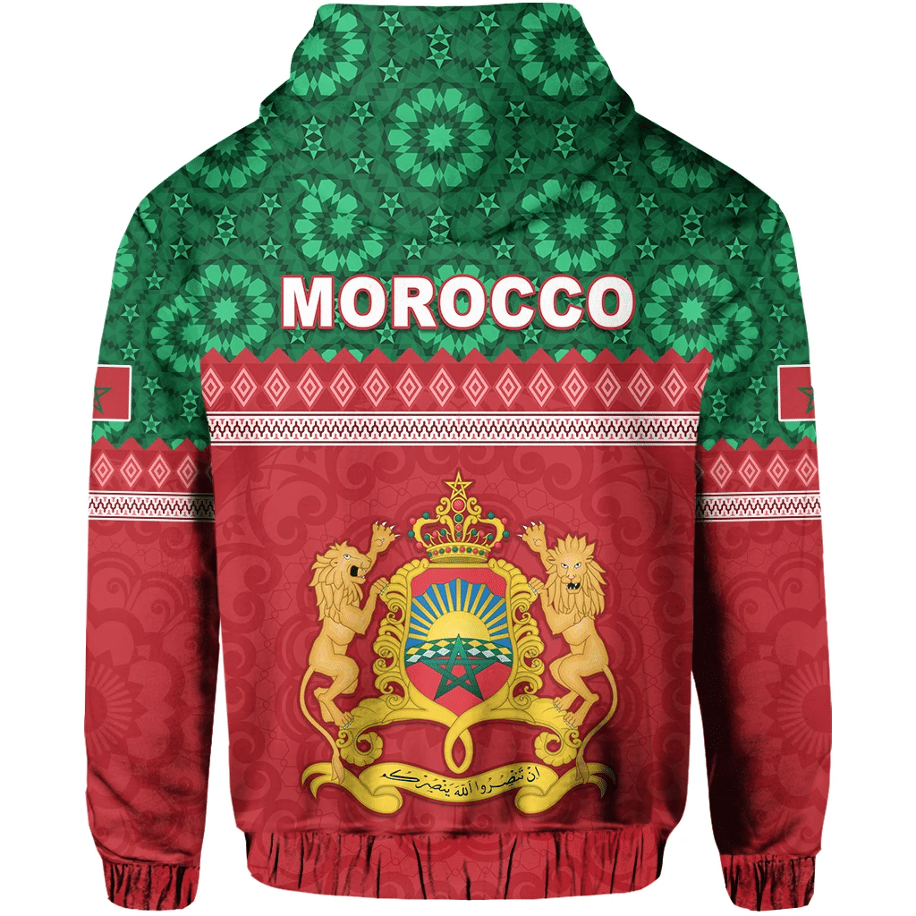 Red and green Moroccan crest hoodie, hood with drawstrings and front pocket graphic