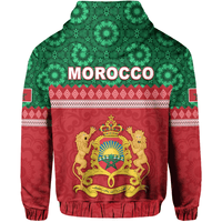 Red and green Moroccan crest hoodie, hood with drawstrings and front pocket graphic