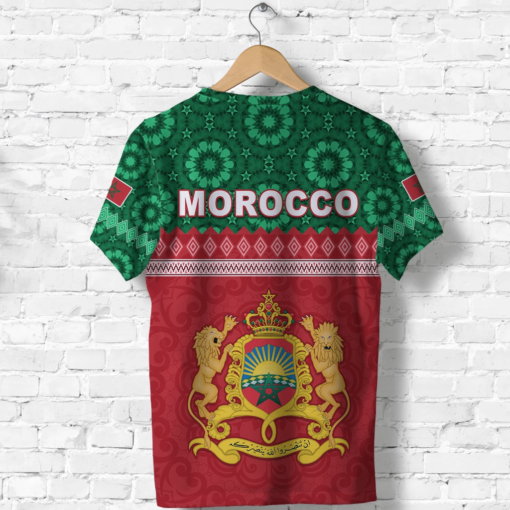 Morocco graphic T-shirt with “MOROCCO” text and Moroccan crest with lions on red