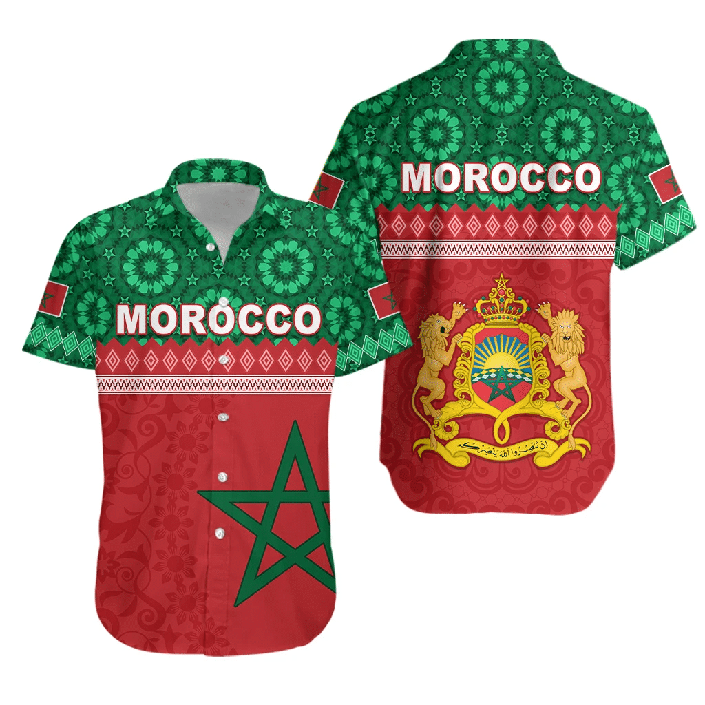 Red Hawaiian shirt with green Moroccan pattern and crest; short sleeves, button front