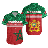Red Hawaiian shirt with green Moroccan pattern and crest; short sleeves, button front