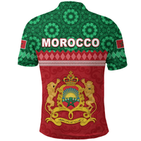 Morocco polo shirt with green geometric print, red crest with lions, crown and flag