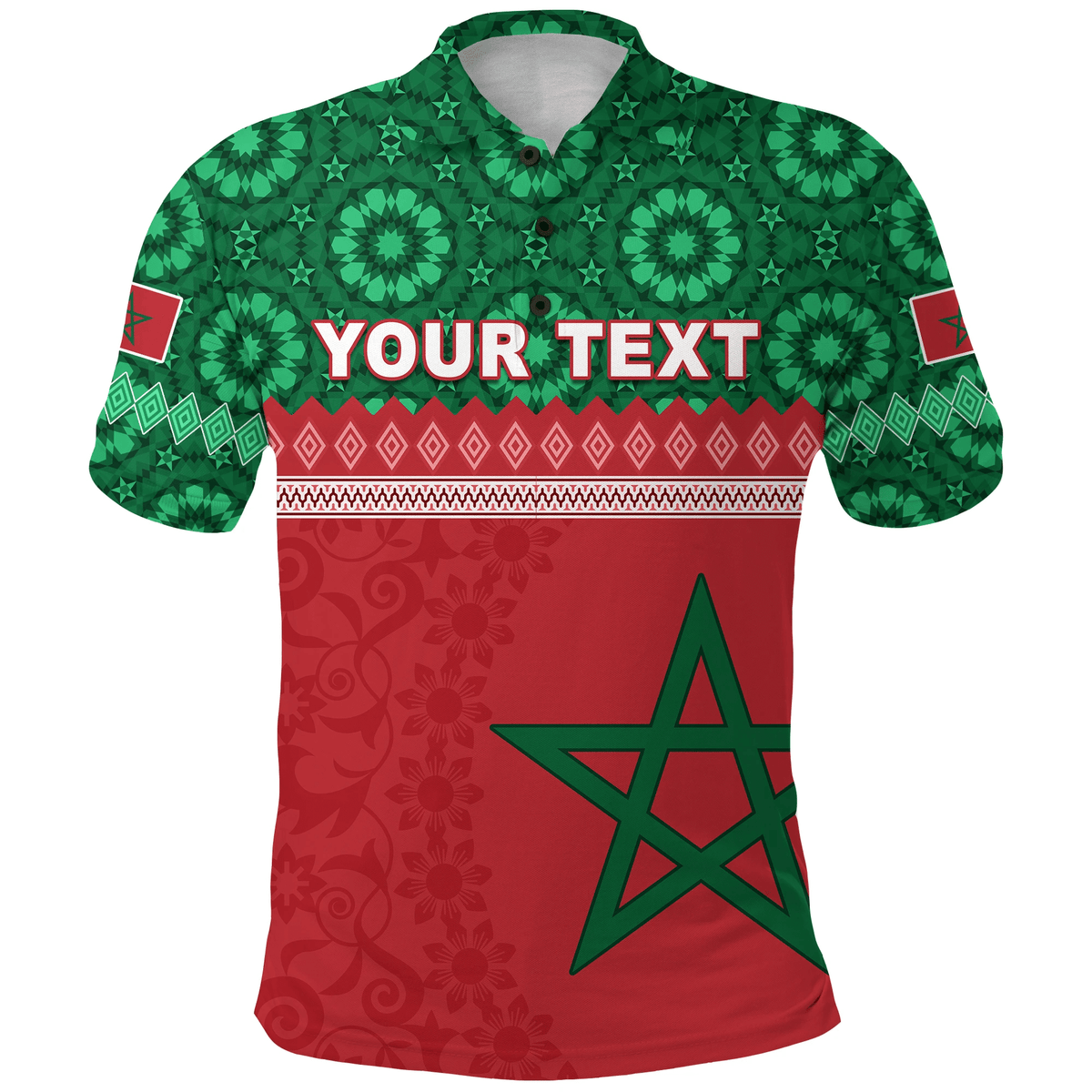 Polo marocain rouge et vert, col boutonné, motif étoiles et texte «YOUR TEXT»
