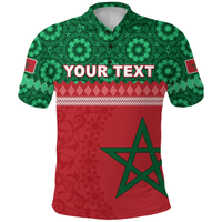 Polo marocain rouge et vert, col boutonné, motif étoiles et texte «YOUR TEXT»