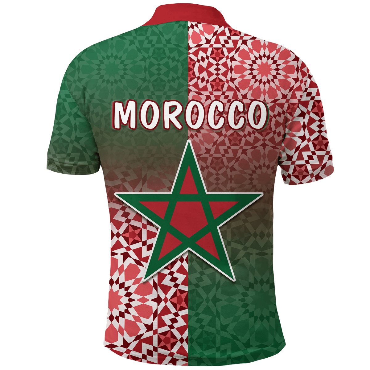 Morocco polo shirt back with large green star and 'MOROCCO' text on red/green pattern