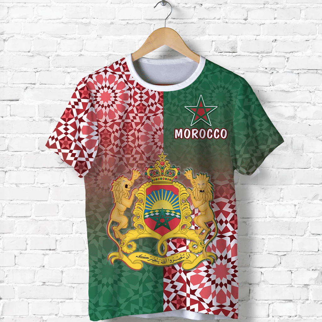 Morocco themed t-shirt with coat of arms graphic, green and red geometric pattern
