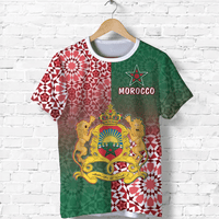 Morocco themed t-shirt with coat of arms graphic, green and red geometric pattern