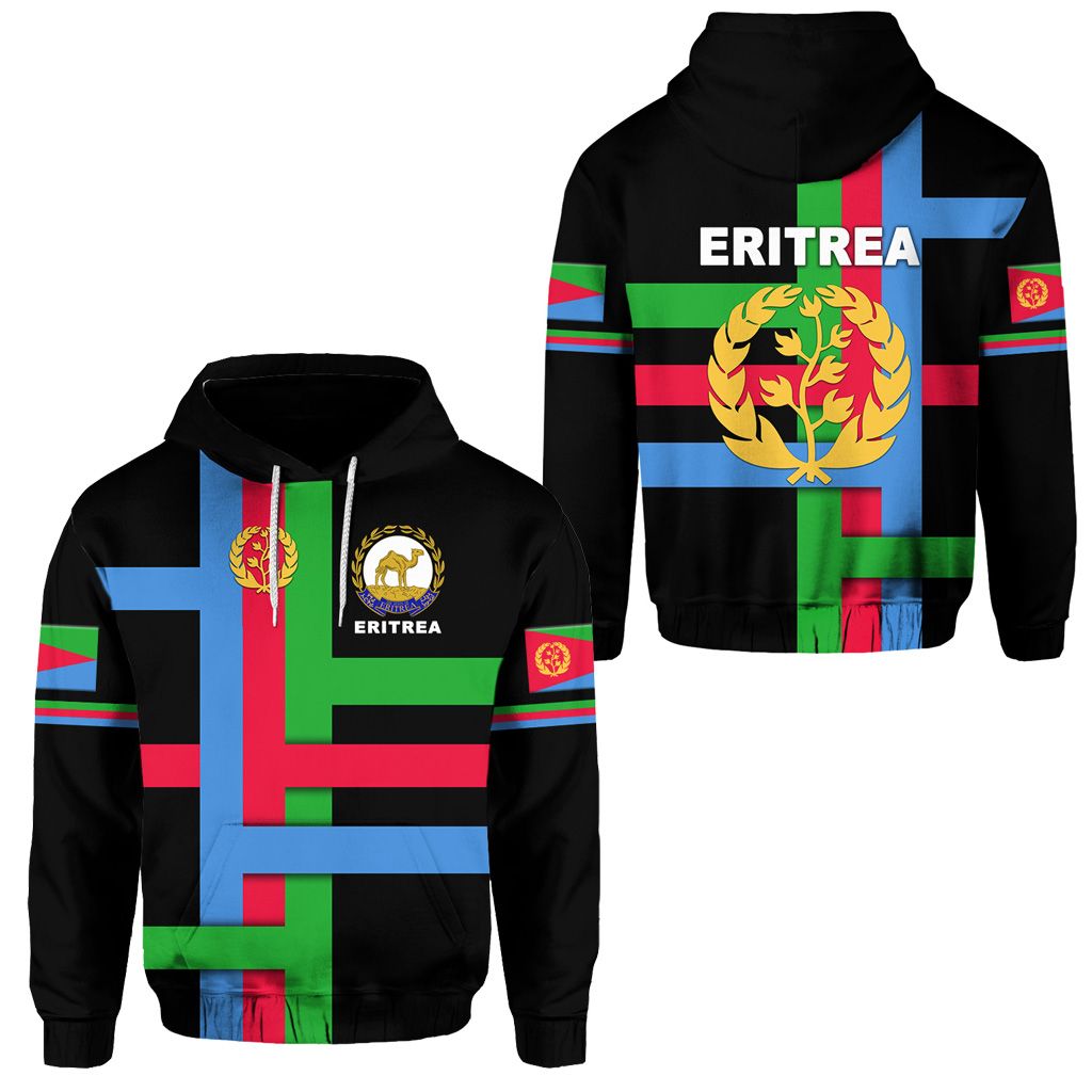 Black pullover hoodie with Eritrea flag graphic and laurel tree emblem