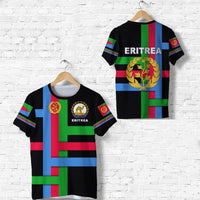 Black T-shirt with Eritrea flag graphic, gold emblem and 'ERITREA' text on shirt