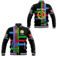 Black unisex baseball jacket with Eritrea flag panels, snap front and striped cuffs