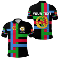 Black polo shirt with Eritrea flag graphic and crest, personalized 'YOUR TEXT' panel