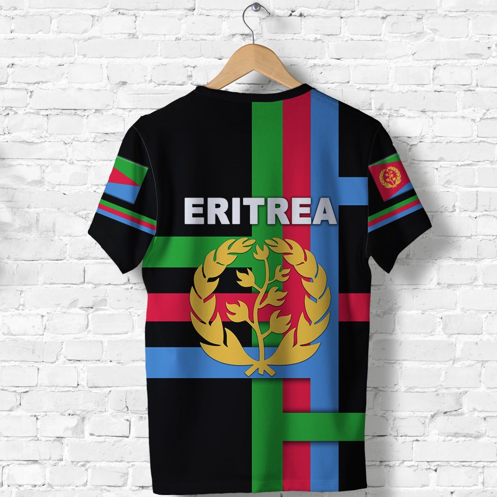 Black T-shirt with large 'ERITREA' lettering and gold emblem over flag stripes