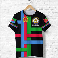 Black T-shirt with Eritrea flag blocks, 'ERITREA' crest and laurel emblem on shirt
