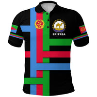 Black Eritrea polo shirt front view, green-blue-red flag design, ERITREA crest text