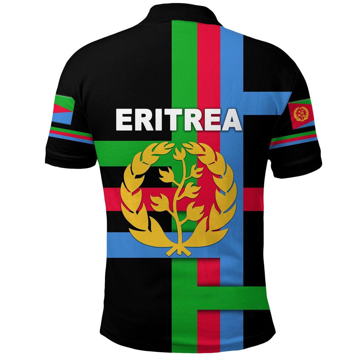 Black Eritrea polo shirt back view with ERITREA word and gold tree emblem over flag