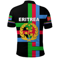 Black Eritrea polo shirt back view with ERITREA word and gold tree emblem over flag