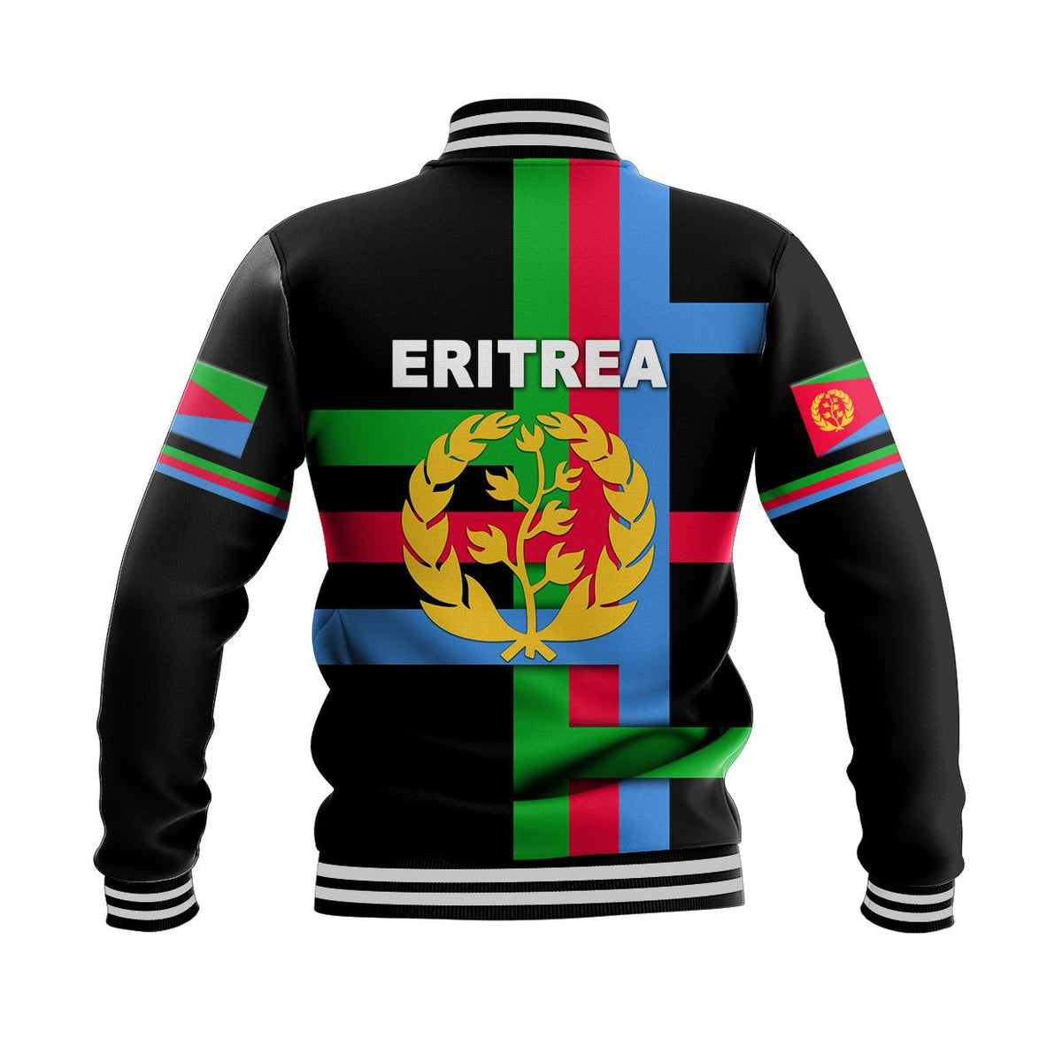 Black baseball jacket back view with 'ERITREA' text, crest emblem, ribbed waistband