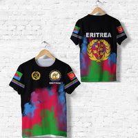Black Eritrea graphic T-shirt; wreath, ERITREA text, and flag stripes on sleeves