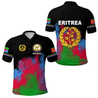 Black Eritrea polo shirt back: ERITREA text, gold tree emblem, tri-color sleeve stripes.