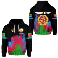 Black hoodie with Eritrea emblem, multicolor cloud graphic, sleeve flag stripe accents