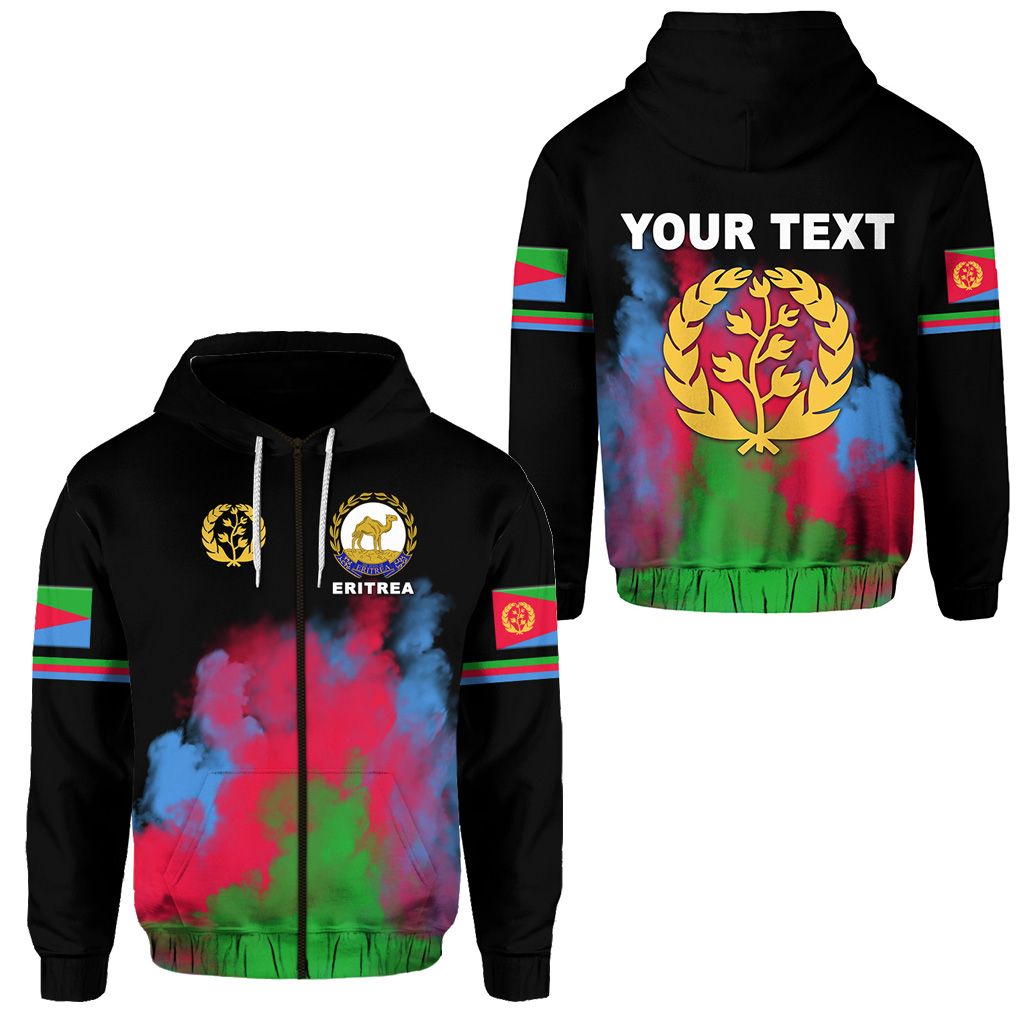 Black zip hoodie with Eritrea emblem, colorful smoke print, and flag-striped sleeves