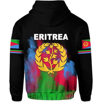 Black Eritrea back zip hoodie with ERITREA text and gold tree emblem over smoke