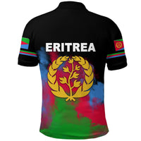 Black polo shirt back with ERITREA and large gold tree logo over red-blue-green print.