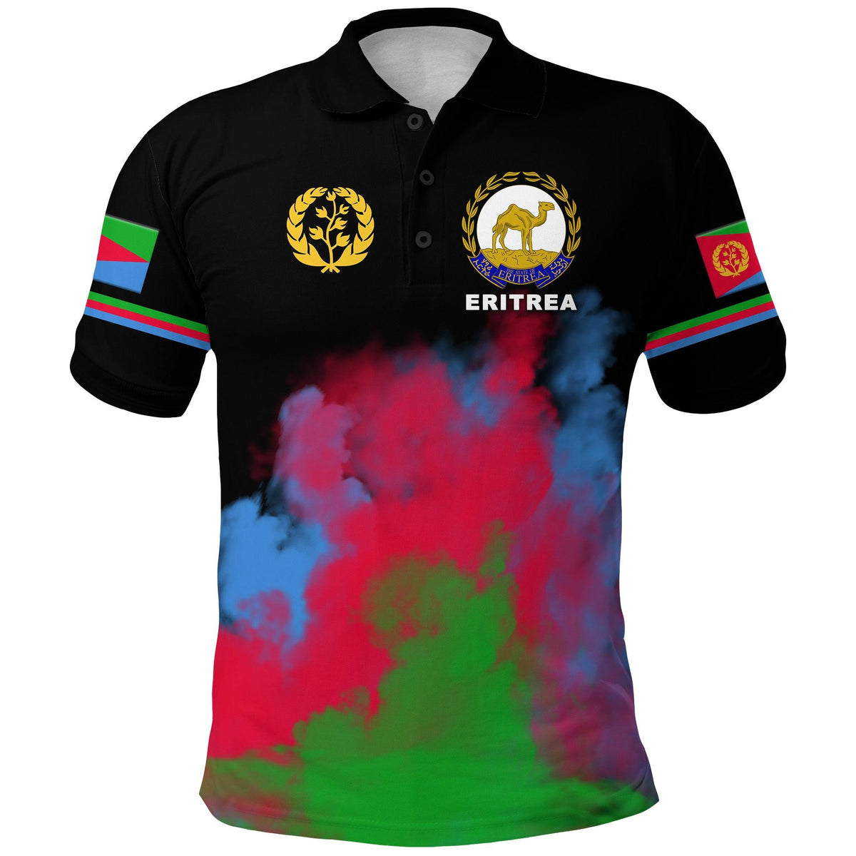 Black Eritrea polo shirt front: gold wreath and emblem, ERITREA wordmark, color sleeve stripes.