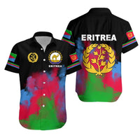 Unisex Hawaiian shirt in black tie-dye, button-up front and bold Eritrea back graphic