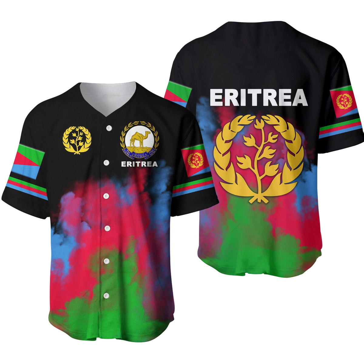 Eritrea black baseball jersey with button front, tie-dye red/green/blue and gold crest