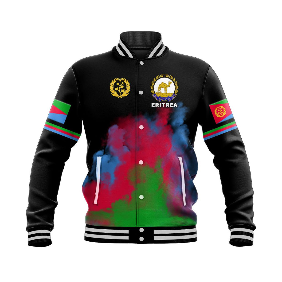 Black baseball jacket front: ERITREA text, crest, colorful map graphic, striped sleeves