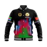 Black baseball jacket front: ERITREA text, crest, colorful map graphic, striped sleeves