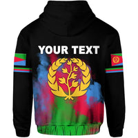Black zip hoodie back: “YOUR TEXT” and gold lion tree crest over rainbow smoke