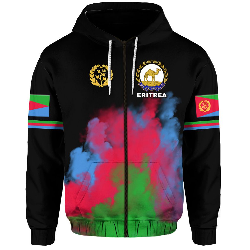 Black zip hoodie front view: Eritrea logo and smoke-color graphic, flag sleeve stripes