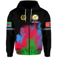 Black zip hoodie front view: Eritrea logo and smoke-color graphic, flag sleeve stripes