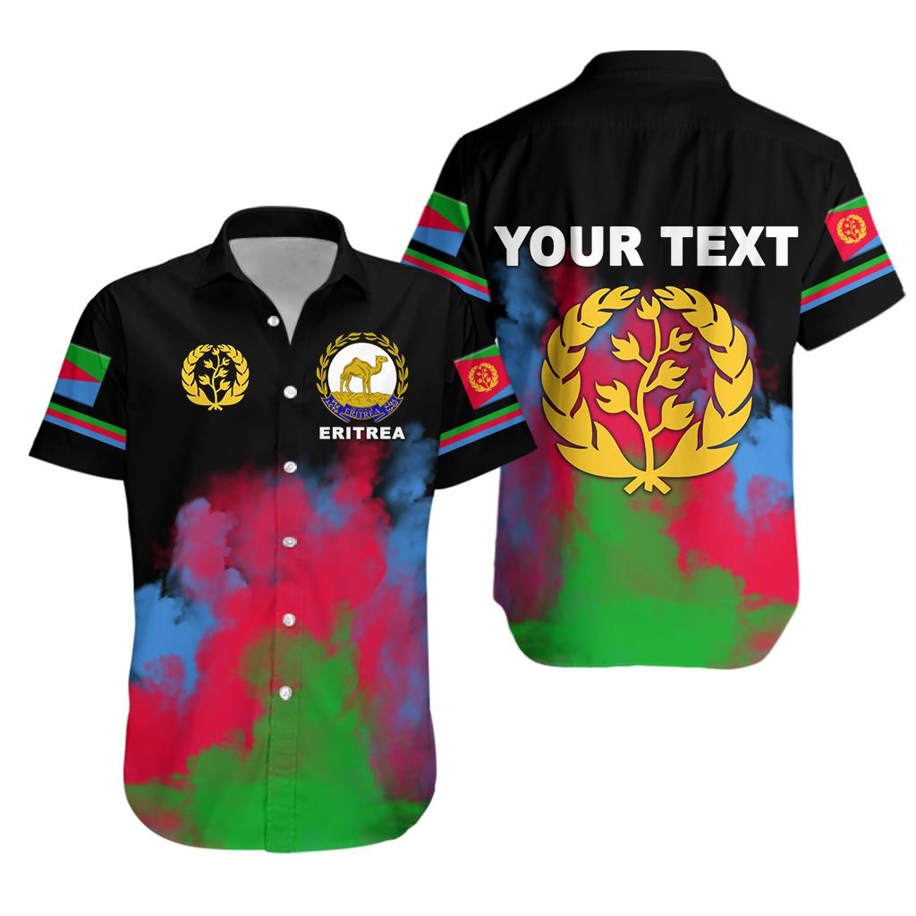 Black Hawaiian shirt with Eritrea emblems and 'YOUR TEXT' on back, crest on front.