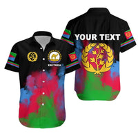 Black Hawaiian shirt with Eritrea emblems and 'YOUR TEXT' on back, crest on front.
