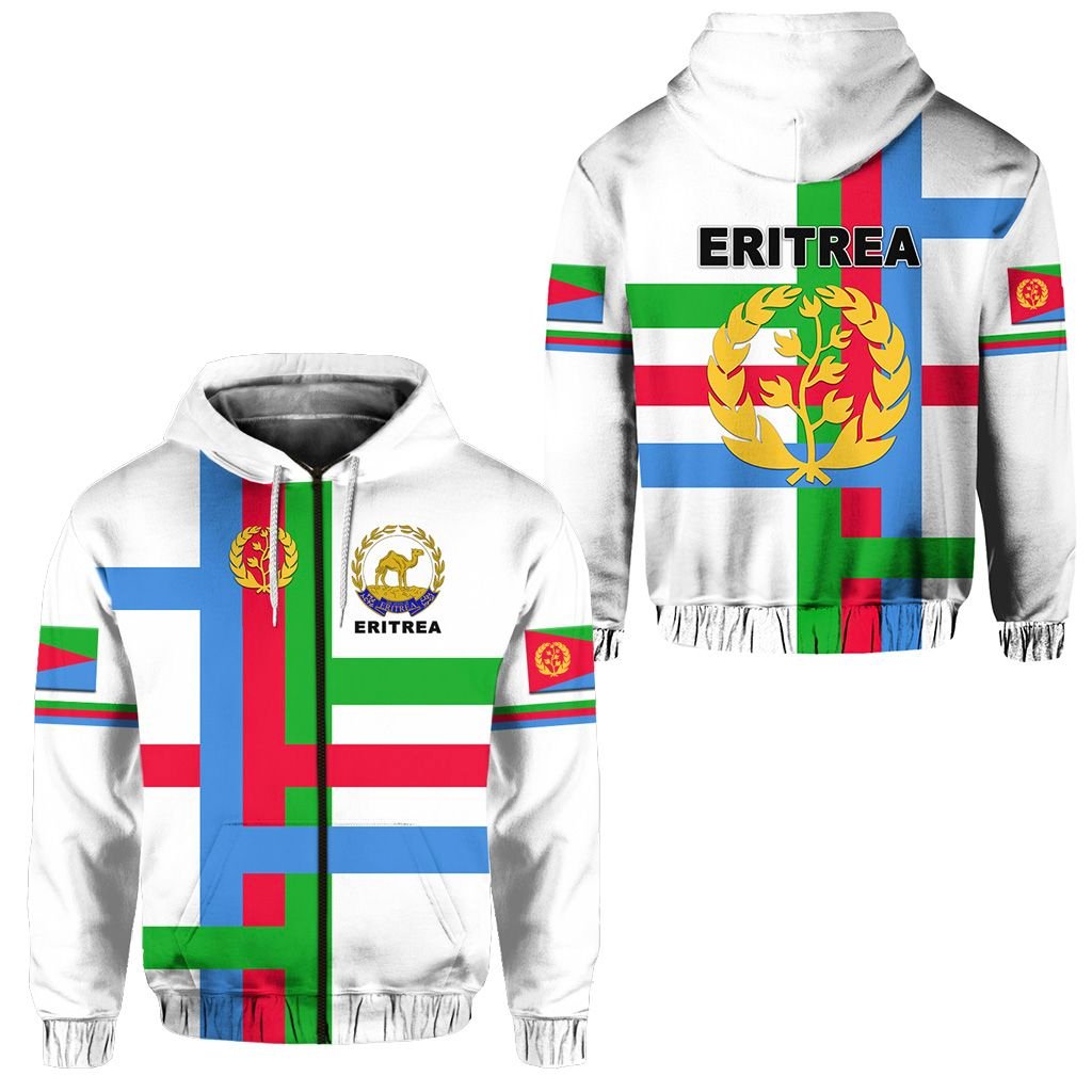 White zip hoodie with Eritrea flag graphic, front and back panels, full zipper