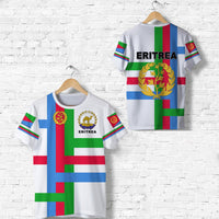 White Eritrea flag T-shirt, front and back graphics with gold crest and stripes