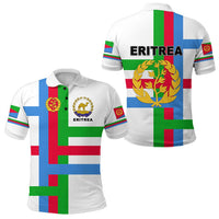 White Eritrea polo shirt, flag print with crest and lion badge, front