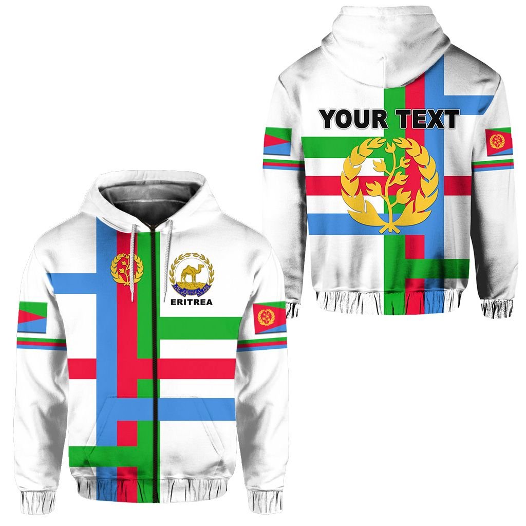 White zip hoodie with Eritrea flag graphic, drawstring hood, front zipper