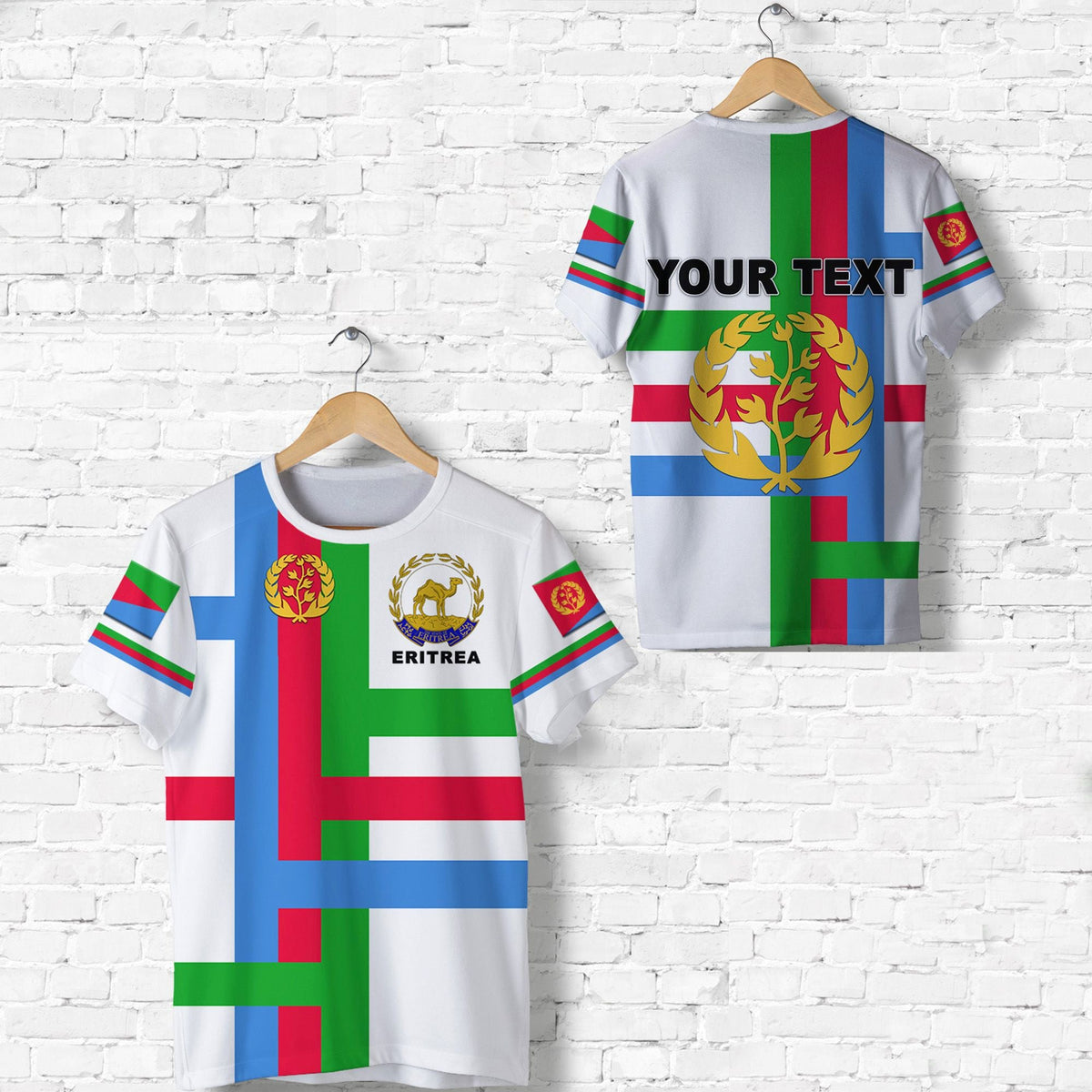 White Eritrea T-shirt, back print 'YOUR TEXT' over laurel tree emblem