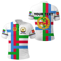 White Eritrea polo shirt with flag print, front crest and 'ERITREA' logo
